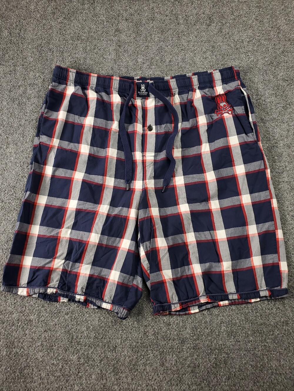 Psycho Bunny Lounge Shorts XL Plaid Pajama Drawstring Cotton Casual Navy Red